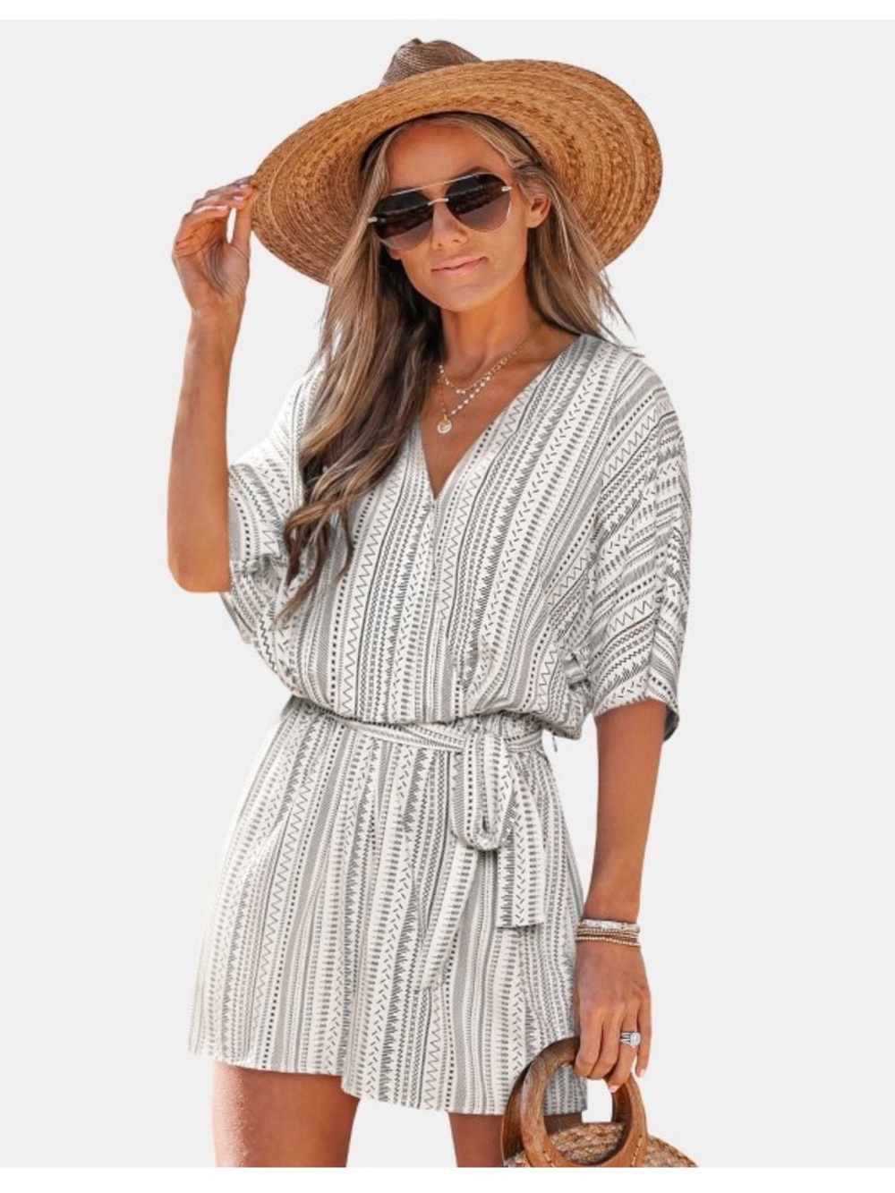 Cupshe Cream and Gray Striped Tie-Waist Romper with Dolman Sleeves